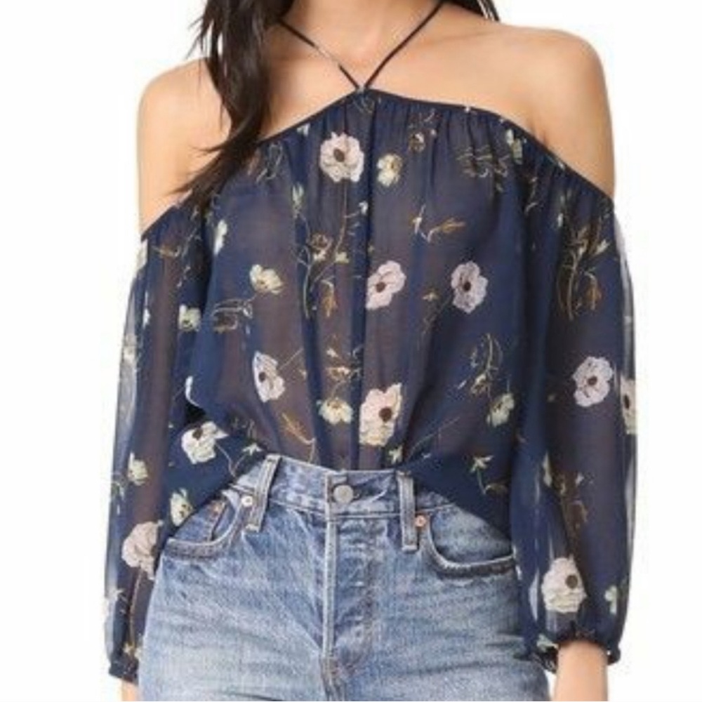 NWT BB Dakota Madeline Floral Sheer Cold Shoulder Top Navy Sz S